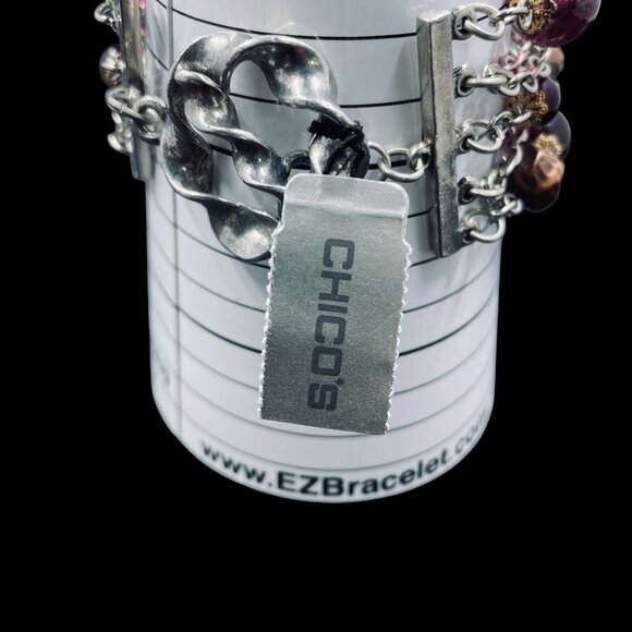Chicos Multi Strand Beaded Charm Bracelet Purple Gold Silver Boho Statement - Picture 2 of 9